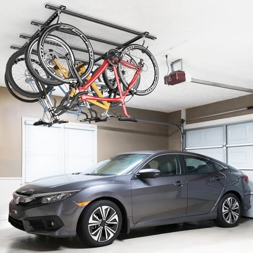 TORACK Ceiling Bike Rack for Garage, Ceiling-Mounted Bicycle Storage Hooks for 4 Bikes (Horizontal) or 8 Bikes (Vertical), Adjustable Overhead Bicycle Hooks for Mountain, Road, and Kids' Bike - style: 4 bikes horizontal