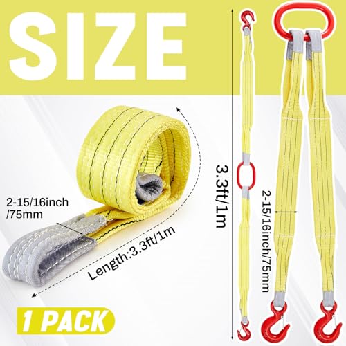 2 Pcs 3.3 FT Heavy Duty Polyester Lifting Rigging Straps Two Leg Bridle Web Sling with Hook & Twist Eye Lift Strap for Hoist Engine Crane Truck Tow Tree Stump 13227 Lbs Load Capacity, Yellow