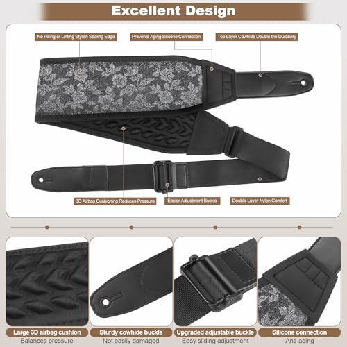 Guitar Strap and Bass Strap, Embroidered Guitar Strap, Adjustable Strap Length, Equipped with 3D Sponge Filled Foam Pad, Comes with 4 Picks + 2 Strap Locks, Best Gift for Guitar Players, Silver - color: Silver Embroidery