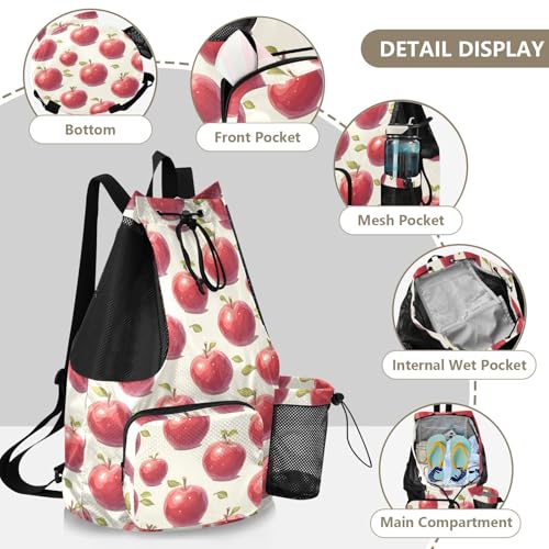 Yuiboo Red Apples Drawstring Bags Climbing Gym Bag with Water Bottle Holder String Swim Bag Wet and Dry Separation