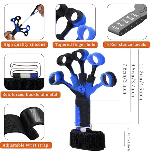 Grip Strength Trainer with Forearm Strengthener, Hand Grip Strengthener, Hand Extension Exerciser, Stress Relief Ball and Hand Grip Strengthener for Muscle Building and Injury Recover(5 PCS) - color: blue & black
