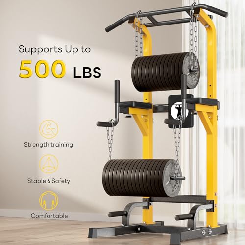 SogesPower Power Tower Pull Up Bar Station Multi-Function Dip Station | Adjustable Height Pull Up Dip Station Dip Bar Strength Training Fitness Equipment,Up to 500LBS - color: Yellow