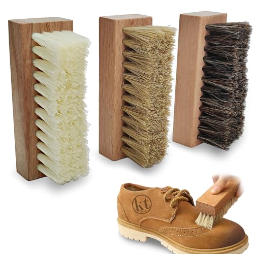 Small Shoe Cleaning Brush Set of 3 Brushes with Nylon, Boar and Horsehair Bristles, Wooden Sneaker Cleaner Brushes for Leather, Suede, Canvas, Textile, Bags and Accessories (3)