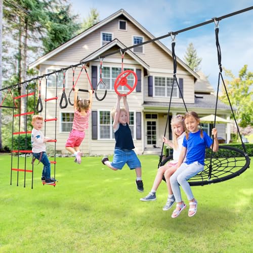50 ft Ninja Warrior Obstacle Course for Kids with Spider Tree Swing | Slackline Swing Set Jungle Gym Between Trees – Adjustable, Weatherproof Obstacles, 880lbs Capacity