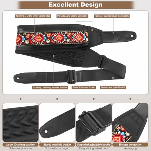 Guitar Strap and Bass Strap, Embroidery Guitar Strap, Adjustable Strap Length, Equipped with 3D Sponge Filled Foam Pad, Comes with 4 Picks + 2 Strap Locks, Best Gift for Guitar Players, Red Flower - color: Red Flower