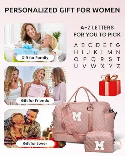 Gift for Girls-5 6 7 8 9 10 11 12 13 14 15 16 Year Old-Duffle Bags | with Shoe Compartment, Personalized Weekender Bag, Travel Bag with Makeup Bags, Gifts for Women Birthday Unique (Letter H) - color: Pink, style: H