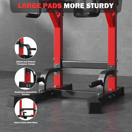 DlandHome Power Tower Pull Up Bar Station, 10 Level Adjustable Height | Heavy Duty Pull Up Dip Station for Home Gym Strength Training Equipment, Comfortable Backrest, 330LBS Weight Capacity - color: Red