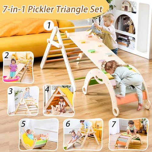 deli 7 in 1 Pikler Triangle Set, Large Size Toddler Climbing Triangle Set, Wooden Baby Jungle Gym Indoor, Foldable Montessori Climbing Set with Ramp, Arch & Climbing Triangle | Toddler Climbing Triangle Set, Wooden Baby Jungle Gym Indoor, Foldable Montess