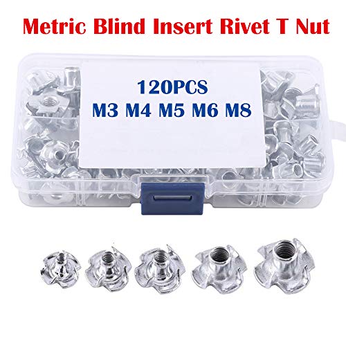 120 Pcs M3 M4 M5 M6 M8 Zinc Plated Carbon Steel T-Nuts Four Claws Nut Assortment Kit for Wood, Rock Climbing Holds, Cabinetry, Furniture