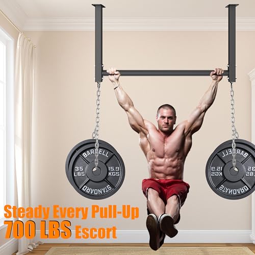 Ceiling Mounted Pull Up Bar, Heavy Duty 700 LBS Multi Grip Pull Up Bars, 16"/24" Rafter Chin Up Bar, Ceiling Joist for Garage/Gym/Basement with Comfortable Grip & Round Anchors, Easy to Install - color: Black