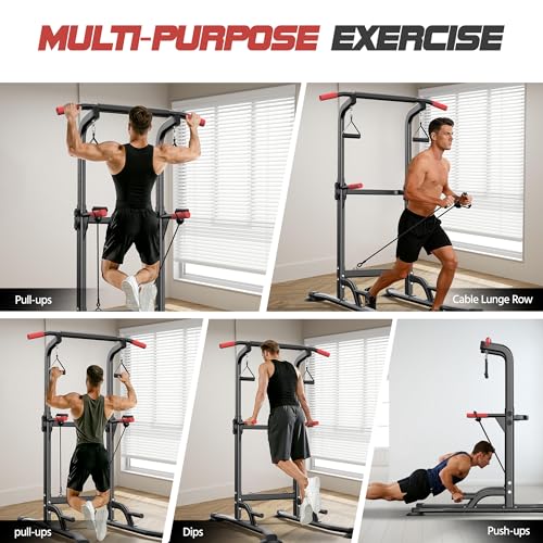 Power Tower Pull Up Bar Free standing with Resistance Bands, 350LBS Heavy Duty Alloy Steel Dip Station for Home Gym Strength Training, Adjustable Height Workout Equipment