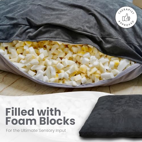SENSORY4U Crash Pad for Kids Sensory Crash Pad with Foam Blocks - XL (5 Foot X 5 Foot) Grey - for Sensory Gym Room with Washable Cover