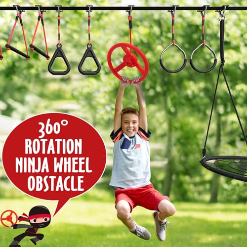 50 ft Ninja Warrior Obstacle Course for Kids with Spider Tree Swing | Slackline Swing Set Jungle Gym Between Trees – Adjustable, Weatherproof Obstacles, 880lbs Capacity