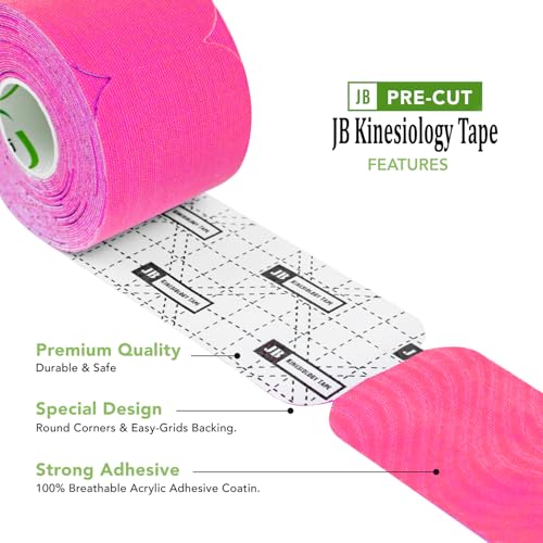 JB Tape Kinesiology Tape, 80 Precut Strips, Pink, Latex‑Free, 4 Rolls | Breathable Material - color: Hot Pink