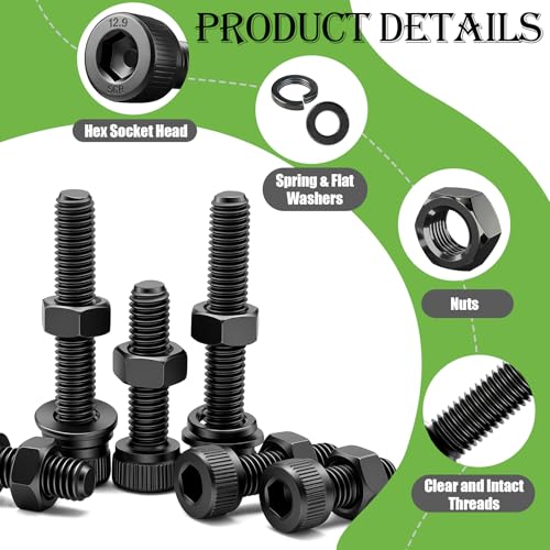 mxuteuk 888PCS Metric Screws Assortment,M4 M3 M2.5 M2 Screws Kit, Suitable for 3D Printing DIY, Grade 12.9 Alloy Steel Hex Socket Head Cap Bolts Nuts and Washers Kit, Black Zinc Plated - size: 888PCS M2 M2.5 M3 M4, style: Hex Socket Head