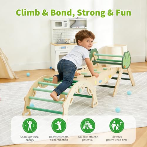 Takywep Pikler Triangle Set, 7-in-1 Foldable Pikler Triangle Climbing Toys Set with Arch & Ramp & Ladder, Indoor Playground Gym, Wooden Montessor Climbing Set for Kids Toddler - color: Green-frog