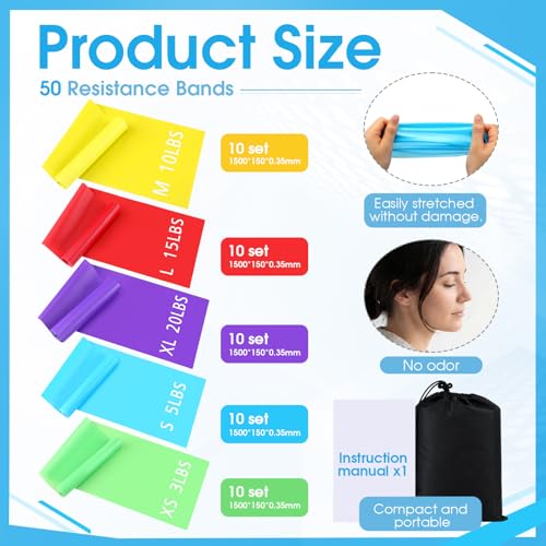 50 Pcs Bulk Yoga Resistance Bands Set for Working Out, Professional Exercise Elastic Stretch Bands with Storage Bag, for Fitness Yoga Pilates Strength Training, Physical Home Gym