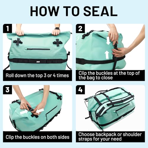 MIER Large Waterproof Duffel Bag - 60L/80L Dry Bag Backpack | Detachable Backpack Straps; Multi-Pockets; Roll-Top with Hook-and-Loop Closure; Motorcycle, Kayaking, Gym, Beach, Boating - color: Green, size: 60L