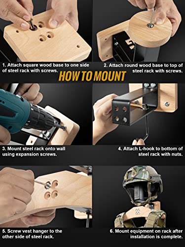 ONETIGRIS Tactical Gear Wall Mount Heavy Duty Holder for Vest & Moto Helmet | Helmet, plate carrier & belt storage, 88 LB combined load capacity, nature wood & steel construction, easy set up, all-in-one - color: Natural