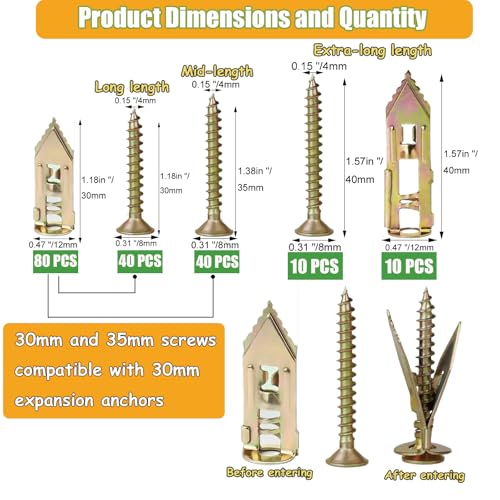 Drywall Anchors with Screws Kit 180PCS, Self Drilling | Heavy Duty Expansion Anchors for Sheetrock, No Pre-Drilling for Picture Mirror Shelf, 2 Sizes Anchors + 3 Sizes Zinc Screws