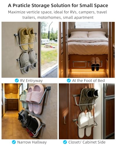 Foldable RV Shoe Rack Aluminum Wall Mounted Shoe Storage Solution | Orgainze Shoes Off Floor Reduce Clutter in Tight Camper Van, Slim Space Saver for Bedside/ Closet/ Trailer Entryway, 4 Pack