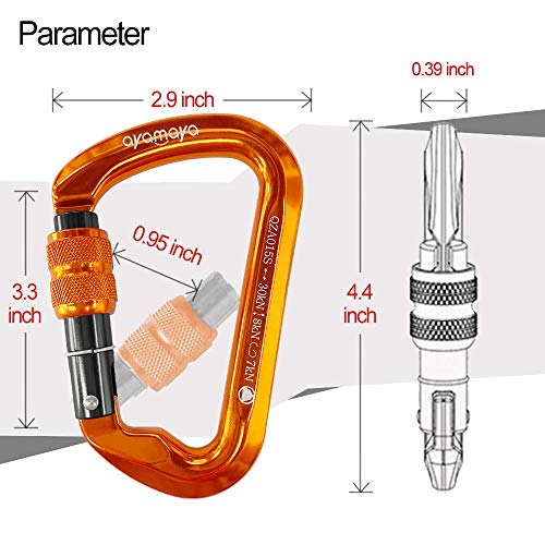 Ayamaya Climbing Carabiners - 3 Pack Screwgate Locking Carabiner 30KN (6744 lbs) Heavy Duty Gears for Rock Climbing, Rappelling, Swing Rescue & Gym, Large D-Shaped Carabiners - color: Orange