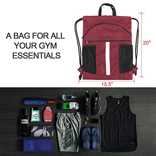 BeeGreen Drawstring Backpack Bag with Shoe Compartment, X-Large Black Gym Sports String Cinch Backpack - color: Wine Red