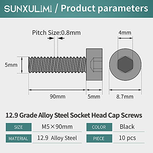 M5 x 90mm Socket Head Cap Screws Bolts 12.9 Grade Alloy Steel Metric Machine Hex Socket Screw, Black Oxide Finish, Fully Threaded, 10PCS - size: M5×90mm