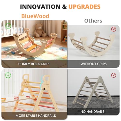 BlueWood Pikler Triangle Set, Toddler Climbing Toys Indoor 7in1 Foldable | Wooden Climber for Kids, Montessori Philosophy Play Jungle Gym with Arch, Ramp, Ladder (Farm Charm Autumn) - color: Farm Charm Autumn
