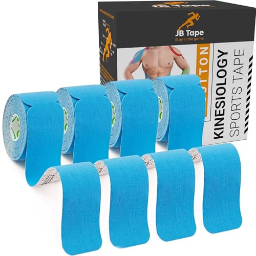 JB Tape Kinesiology Tape, 80 Precut Strips, Blue, Latex‑Free, 4 Rolls | Elastic, Latex-Free, Water Resistant, Athletic Muscle & Joint Support - color: Blue Pacific