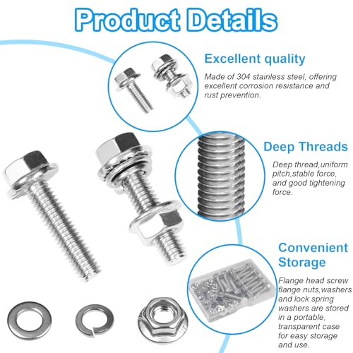 15 Sets 1/4-20 x 1-1/4" Flanged Hex Head Bolts Kits, 1/4-20 Flange Hexagon Screws and Nuts,Flat & Spring Lock Washers, 304 Stainless Steel 18-8,Fully Threaded - size: 1/4-20 x 1-1/4"