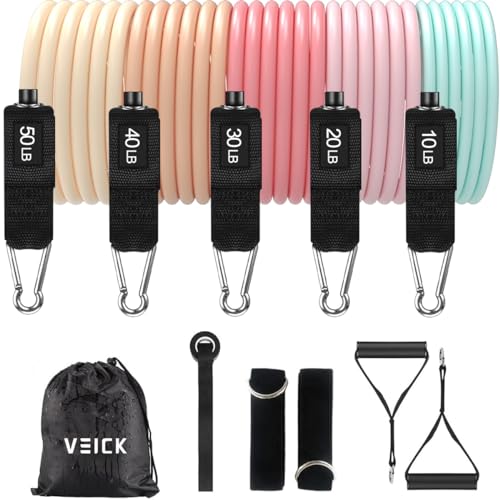 VEICK 10-150LBS Resistance Bands with Handles, Ankle Straps, Door Anchor | Accredited Lab Certified, 100% Natural Latex, Versatile for Yoga, Pilates, Strength, Home Gym - color: Light Pink, style: 10-150LBS