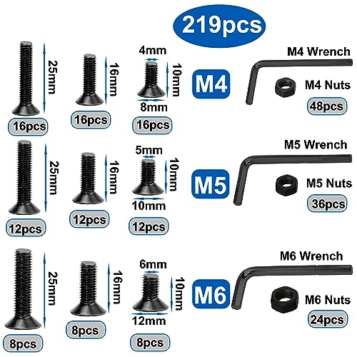 219 Pcs Black Metric M4 M5 M6 Flat Head Socket Cap Screws Countersunk Bolts, Alloy Steel Hex Socket Cap Bolts and Nuts, Allen Socket Drive Screws - size: Black Flat Head