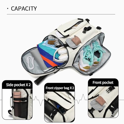 Kalesi Gym Duffle Tennis Bag Backpack 4-Way Waterproof with Shoes Compartment for travel Sport Hiking laptop (Sea salt white02) - color: Sea Salt White02