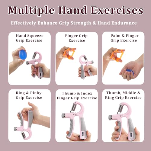 Grip Strength Trainer Kit Adjustable 10-132Lbs Hand Exerciser Counter | Forearm Strengthener, Finger Stretcher, Stress Ball and Bag for Grip Recovery, Wrist Training, Rehab, Climbers and Musicians - color: Pink