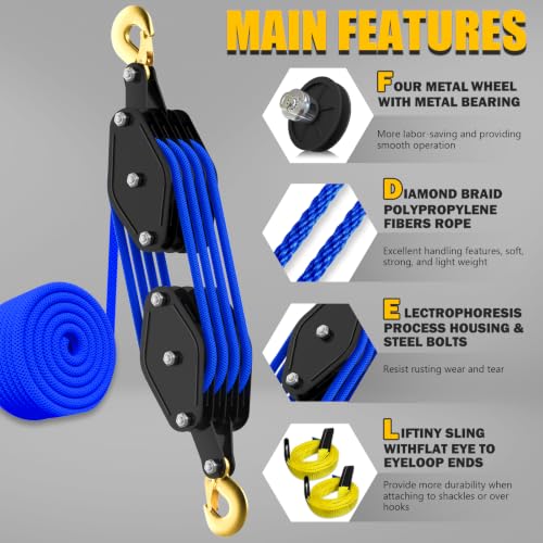 YATOINTO Rope Hoist Pulley System 4400LB, Pulley Block Tackle w/2 Straps | 65FT Polypropylene Fiber Rope, 8:1 Ratio Lifting Power, Metal Bearing Structure, Black-coated Housing - color: Blue(Powder Coating)+2Straps