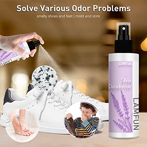 Shoe Odor Eliminator, Lamfun Deodorant Spray for Stinky Sneakers or Smelly Feet, Natural Shoe Deodorizer and Foot Deodorant Fight All Odors, Lavender, 150ml