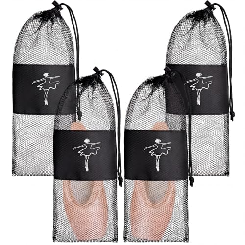 Shappy 4 Pcs Pointe Shoes Bag Mesh Dance Shoe Storage Ballet Accessories for Women Girls, Drawstring Pouch - color: Black