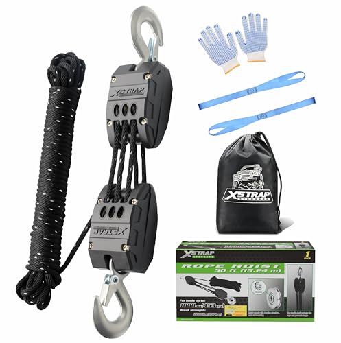 XSTRAP STANDARD 50FT Reflective Rope Hoist Pulley Block & Tackle 5:1 System | 1000 LB Working Load, 2000 LB Break Strength, 50 FT Rope Hoist with 2 Soft Loops for Garage, Hunting & DIY Attic Lift - color: Reflective Black