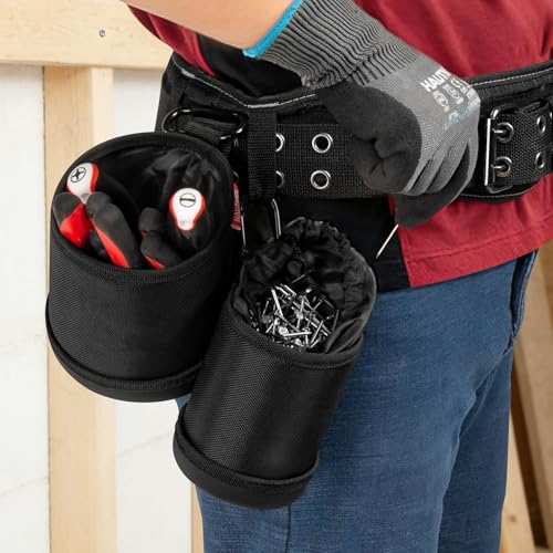 HAUTMEC 2-Piece Tool Pouch Set for Nails, Screws & Fasteners, Heavy-Duty 1680D Work Pouch with EVA Molded Base & PU Leather Lining, Drawstring Closure, Belt Hook & Clip – HT0404