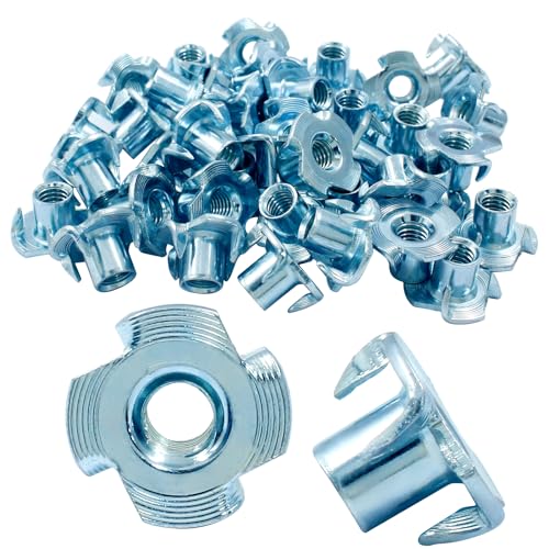 Hitefu M6 X 10mm T-Nut, 4 Pronged, Zinc Plated, 40Pcs | Tee Nuts Threaded Insert, For Table Legs, Rock Climbing Wall, Woodwork Holds, Wood Cabinetry - size: M6-10 (40Pack)
