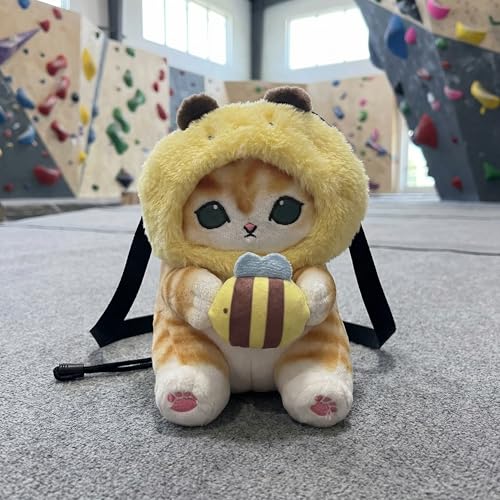 Cat Rock Climbing Chalk Bag, Fun Plush Animal Chalk Pouch with Drawstring, Adjustable Waist Belt for Indoor Outdoor Bouldering Sport Climbing - style: Small Bee Cat