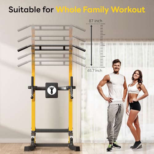 SogesPower Power Tower Pull Up Bar Station Multi-Function Dip Station | Adjustable Height Pull Up Dip Station Dip Bar Strength Training Fitness Equipment,Up to 500LBS - color: Yellow