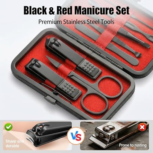 Manicure Kit for Women Men-Manicure Set with Case, Nail Clippers, Portable Nail Care Kit for Travel Home Personal Grooming（Red 7 in 1） - color: Red