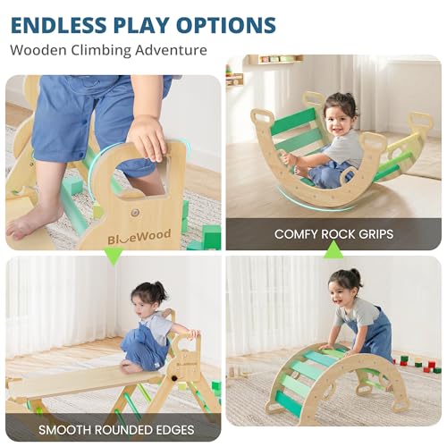 BlueWood Pikler Triangle Set, Toddler Climbing Toys Indoor 7in1 Foldable | Wooden Climber for Kids, Montessori Philosophy Play Jungle Gym with Arch, Ramp, Ladder (Green Summer) - color: Green Summer