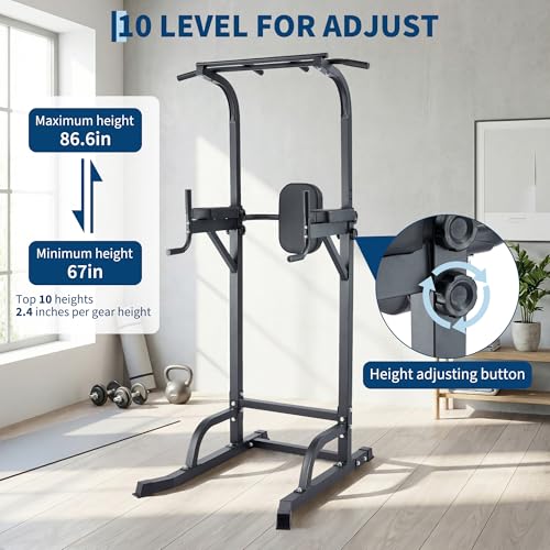 Free Standing Power Tower Pull Up Bar and Dip Station,Adjustable Strength Training Pull-Up Bars for Full Body Workout, Multifunction Dip Station Home Gym for Pull-Ups, Dips, Push-Ups, Leg Raises