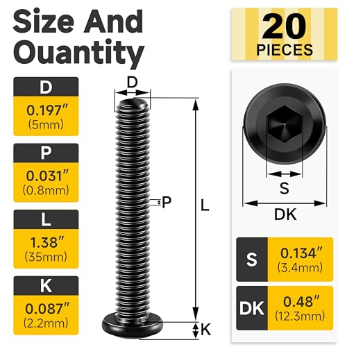 Mywish M5 x 35mm 20Pcs Flat Head Hex Socket Cap Screws Bolts, 304 Stainless Steel Furniture Bolts Full Thread & Hex Spanner, Black Zinc - color: Black-M5, size: 35mm