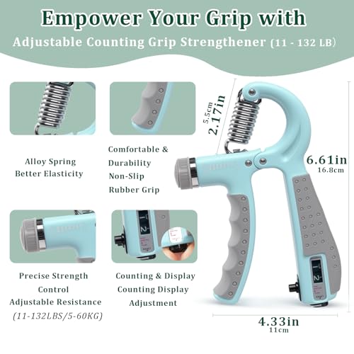 Grip Strength Trainer Kit Adjustable 10-132Lbs Hand Exerciser Counter | Forearm Strengthener, Finger Stretcher, Stress Ball and Bag for Grip Recovery, Wrist Training, Rehab, Climbers and Musicians - color: Green