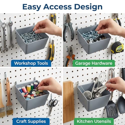 Pegboard Bins and Hooks Set, 4 Pack Open Front Storage Bins with 2 Inch Hooks, Fits 1/4" & 1/8" Pegboard, Heavy Duty Small Parts Organizer for Screws Nails Tools, Garage Workshop Wall Storage