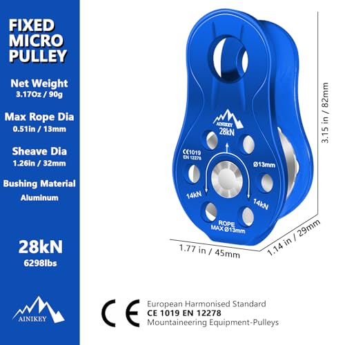 Fixed Plate Micro Pulley, 28KN CE Certified General Purpose Small Aluminum Rope Pulleys Slack Tender for Hauling/Rigging/Climbing/Aloft Work/Rappelling etc (Pack of 2(28KN Pulley Blue)) - color: Pack of 2(28KN Pulley Blue)